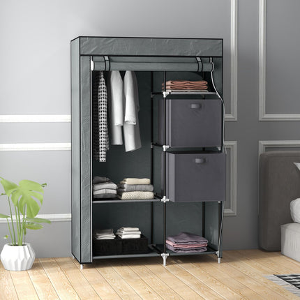 Fabric wardrobe - folding wardrobe with drawers & rail, dark grey