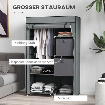 Fabric wardrobe - folding wardrobe with drawers & rail, dark grey