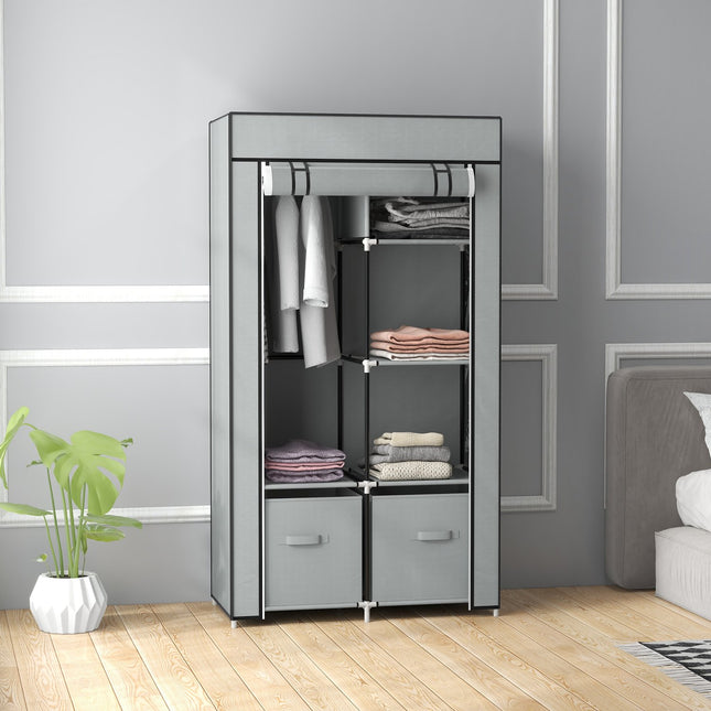 Armoire en tissu, armoire gain de place avec 5 compartiments et tringle à vêtements, fermeture éclair, armoire pliante, gris clair