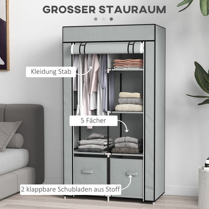 Platzsparender Stoffschrank, 5 Fächer & Kleiderstange, hellgrau