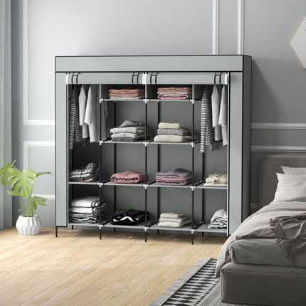 Dunkelgrauer Stoffkleiderschrank mit Kleiderstange, 10 Fächern, 4 Schubladen