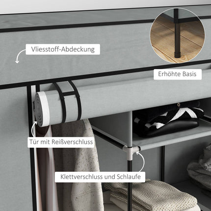 Dunkelgrauer Stoffkleiderschrank mit Kleiderstange, 10 Fächern, 4 Schubladen