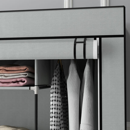 Dunkelgrauer Stoffkleiderschrank mit Kleiderstange, 10 Fächern, 4 Schubladen