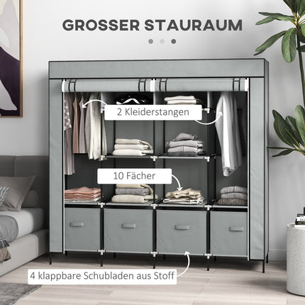 Dunkelgrauer Stoffkleiderschrank mit Kleiderstange, 10 Fächern, 4 Schubladen