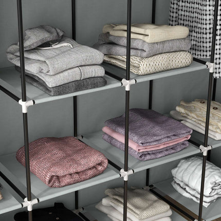 Dunkelgrauer Stoffkleiderschrank mit Kleiderstange, 10 Fächern, 4 Schubladen