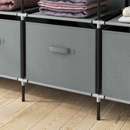 Dunkelgrauer Stoffkleiderschrank mit Kleiderstange, 10 Fächern, 4 Schubladen