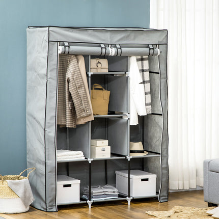 Stoffkleiderschrank mit Stangen, 8 Ebenen, faltbar, hellgrau