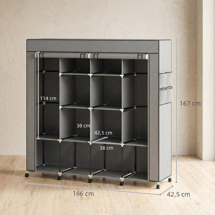 Fabric Wardrobe with 2 Hanging Rods, 10 Shelves, Grey