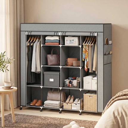 Fabric Wardrobe with 2 Hanging Rods, 10 Shelves, Grey