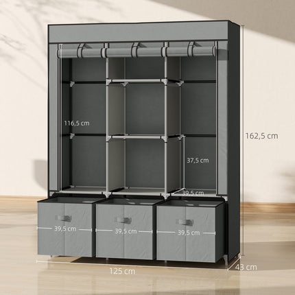 Faltbarer Stoffkleiderschrank mit Schubladen, Hellgrau, 125x43x162,5 cm