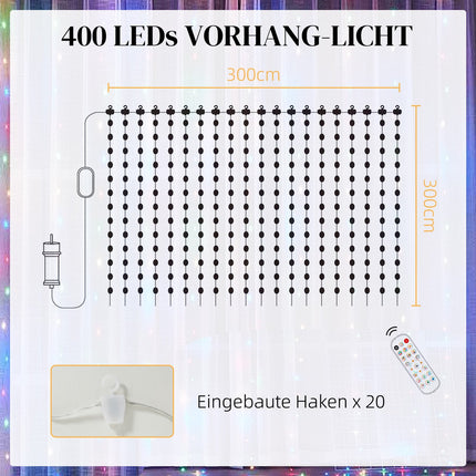 LED Lichtervorhang, 3x3m, 400 LEDs, Musiksynchronisation, Timer