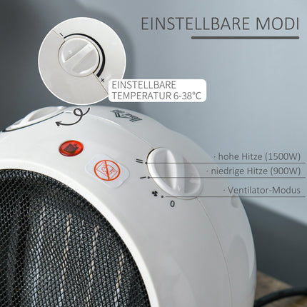 Electric fan heater, 900W/1500W, White & Black, Compact