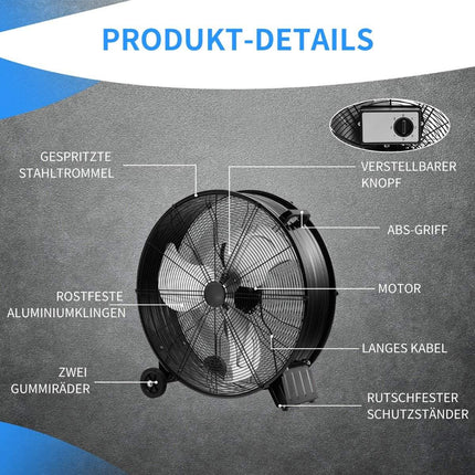 Fan drum fan pedestal fan industrial floor fan with wheels 3 speeds wind machine for warehouse workshop