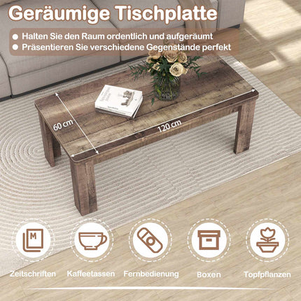 Salontafel in landelijke stijl, 120 cm, bruin blad met houtlook.