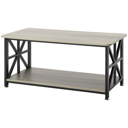 Farmhouse Coffee Table 40 Inch, Open Storage, Metal Legs