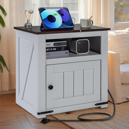 Farmhouse End Table With USB, Outlets, 3-Tier Cabinet