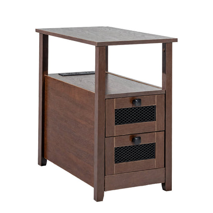 Farmhouse End Table with USB, Outlets, 2 Drawers, Brown