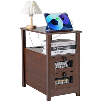 Farmhouse End Table with USB, Outlets, 2 Drawers, Brown