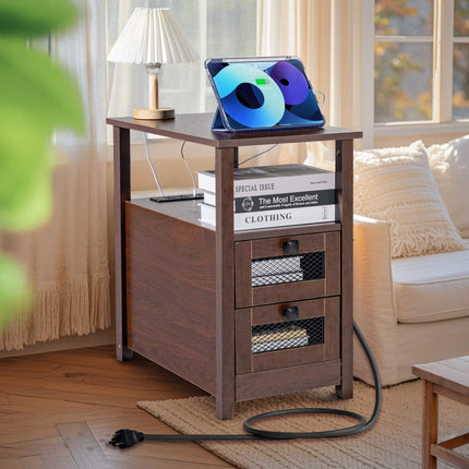 Farmhouse End Table with USB, Outlets, 2 Drawers, Brown