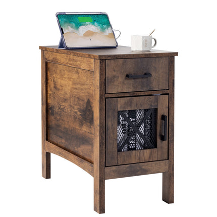 Farmhouse End Table with USB, Outlets, Drawer, Cabinet