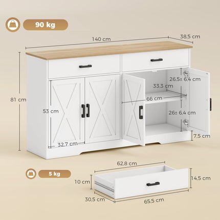 Farmhouse Sideboard Buffet, 140 cm, 2 Drawers, White