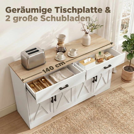 Farmhouse Sideboard Buffet, 140 cm, 2 Drawers, White