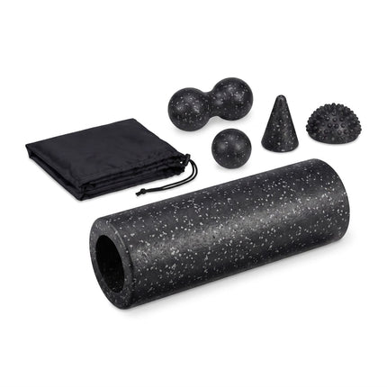 Fascia Roller Set of 5 with Duo Ball and Trigger Point Tool, Carry Bag, Black