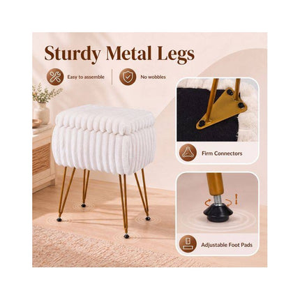 Faux Fur Ottoman 2-in-1 with Hidden Storage and Metal Legs, Beige & Gold