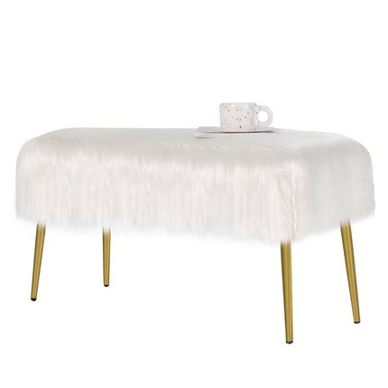 Hocker aus Kunstfell, goldene Metallbeine, Weiß 91x35cm