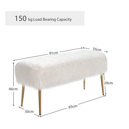 Hocker aus Kunstfell, goldene Metallbeine, Weiß 91x35cm