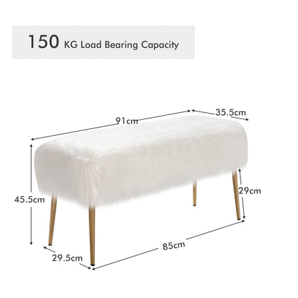 Hocker aus Kunstfell, goldene Metallbeine, Weiß 91x35cm
