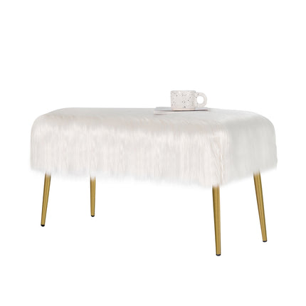 Hocker aus Kunstfell, goldene Metallbeine, Weiß 91x35cm