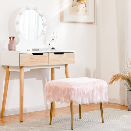 Hocker aus Kunstfell, quadratisch, goldfarbene Metallbeine, Rosa