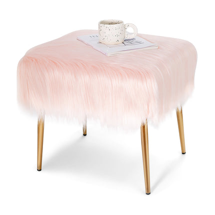 Hocker aus Kunstfell, quadratisch, goldfarbene Metallbeine, Rosa