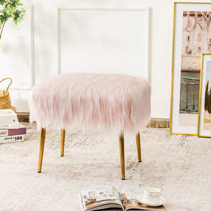 Hocker aus Kunstfell, quadratisch, goldfarbene Metallbeine, Rosa