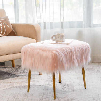 Hocker aus Kunstfell, quadratisch, goldfarbene Metallbeine, Rosa