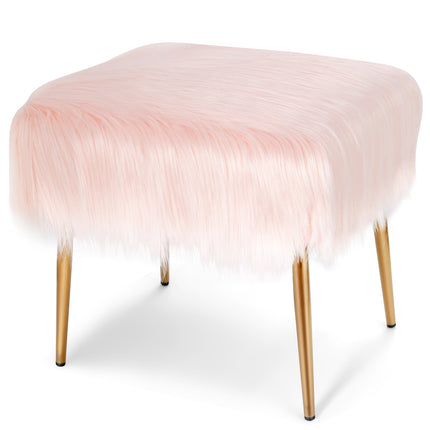 Hocker aus Kunstfell, quadratisch, goldfarbene Metallbeine, Rosa