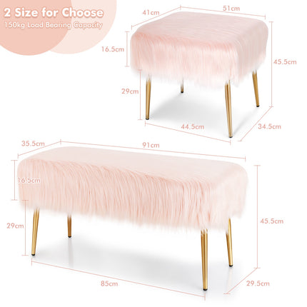 Hocker aus Kunstfell, quadratisch, goldfarbene Metallbeine, Rosa