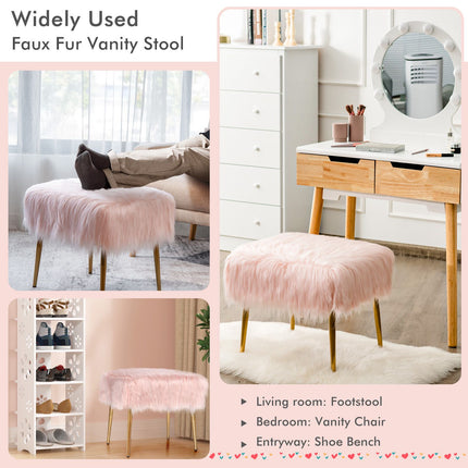Hocker aus Kunstfell, quadratisch, goldfarbene Metallbeine, Rosa