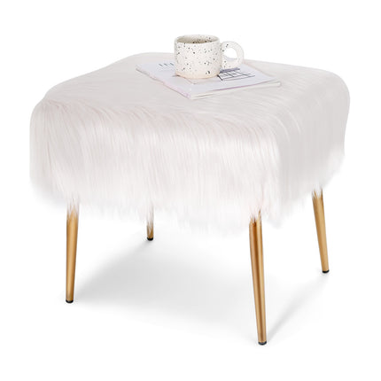 Hocker mit Kunstfellbezug, Weiß, Goldene Metallbeine