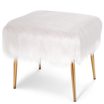 Hocker mit Kunstfellbezug, Weiß, Goldene Metallbeine