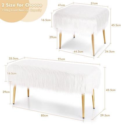 Hocker mit Kunstfellbezug, Weiß, Goldene Metallbeine