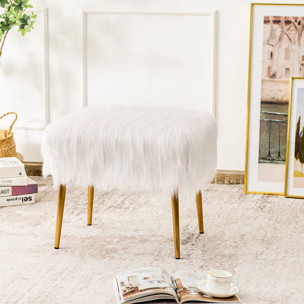 Hocker mit Kunstfellbezug, Weiß, Goldene Metallbeine