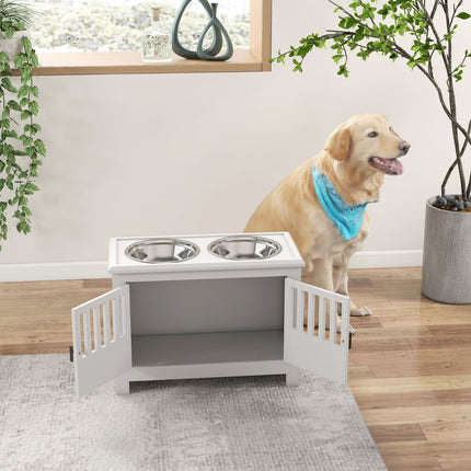 Erhöhte Hundefutterstation, 2L Edelstahlnapf, Aufbewahrungsfach, Weiß