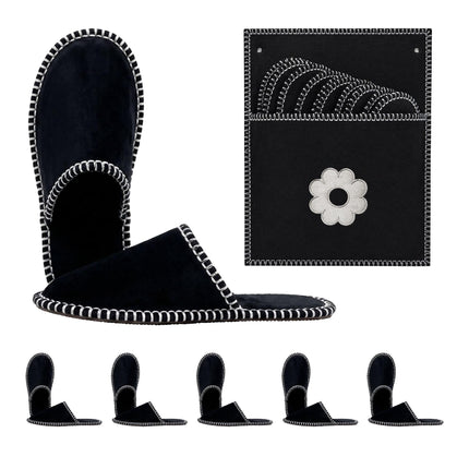 Felt Guest Slippers, 6 Pairs with Storage Bag, Black
