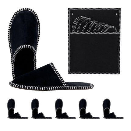 Felt Guest Slippers Set, 6 Pairs, Black, Non-Slip Sole