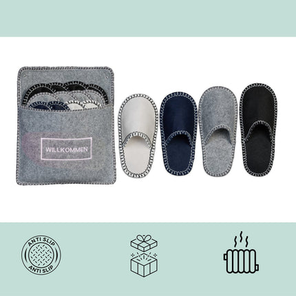 Filz-Gästepantoffel-Set mit Tasche – 6 Paar, rutschfeste Sohlen