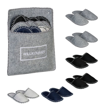 Filz-Gästepantoffel-Set mit Tasche – 6 Paar, rutschfeste Sohlen