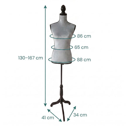 Female Dress Form 36/38 Velvet, Light Grey, Adjustable Stand