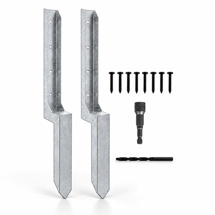 Fence Post Repair Kit with Ground Spike Anchors, 2-Piece Set, Silver